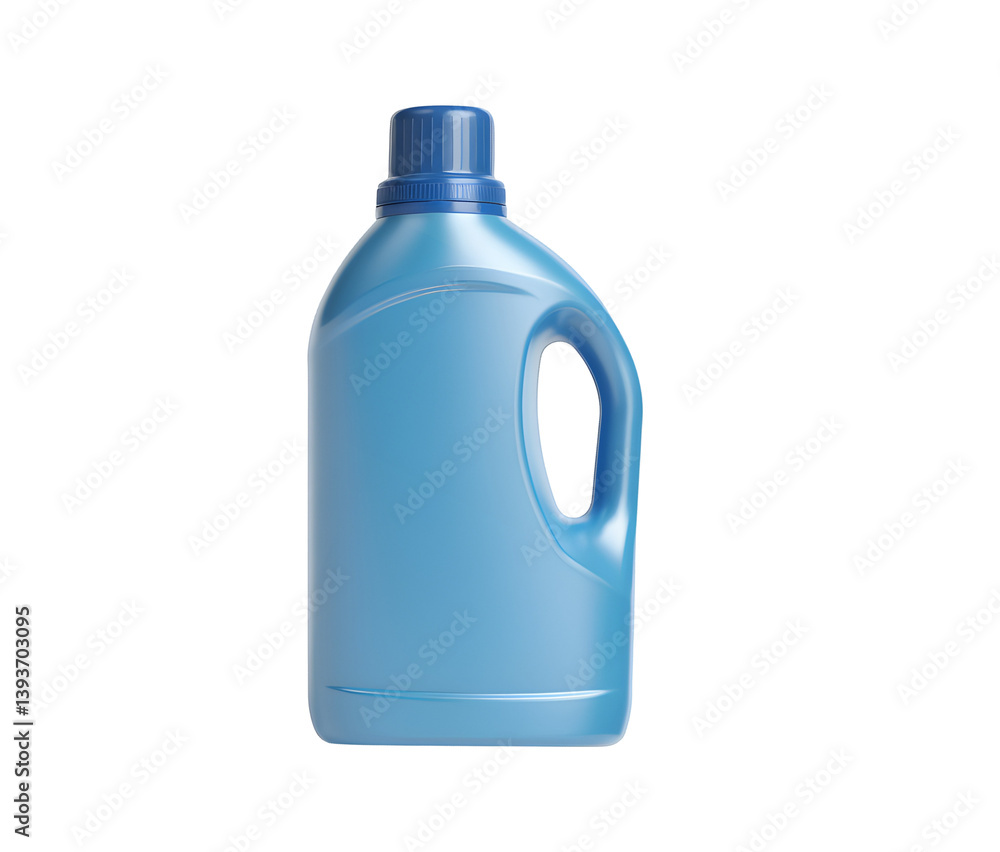 A floating laundry detergent bottle with a blue cap, horizontally aligned, on a solid white background A floating laundry detergent bottle with a blue cap, horizontally aligned, on a solid white background