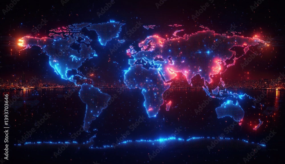 Obraz premium Vibrant Blue Pop Art World Map Illustration with Curved Continents and High Contrast Lighting