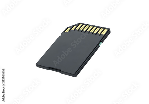 A floating SD memory card, horizontally aligned, on a solid white background