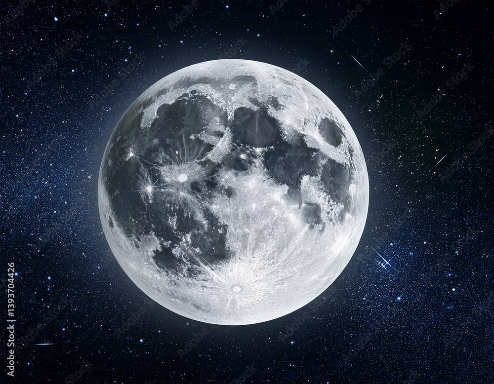 Obraz premium Realistic full moon in dark night sky with stars