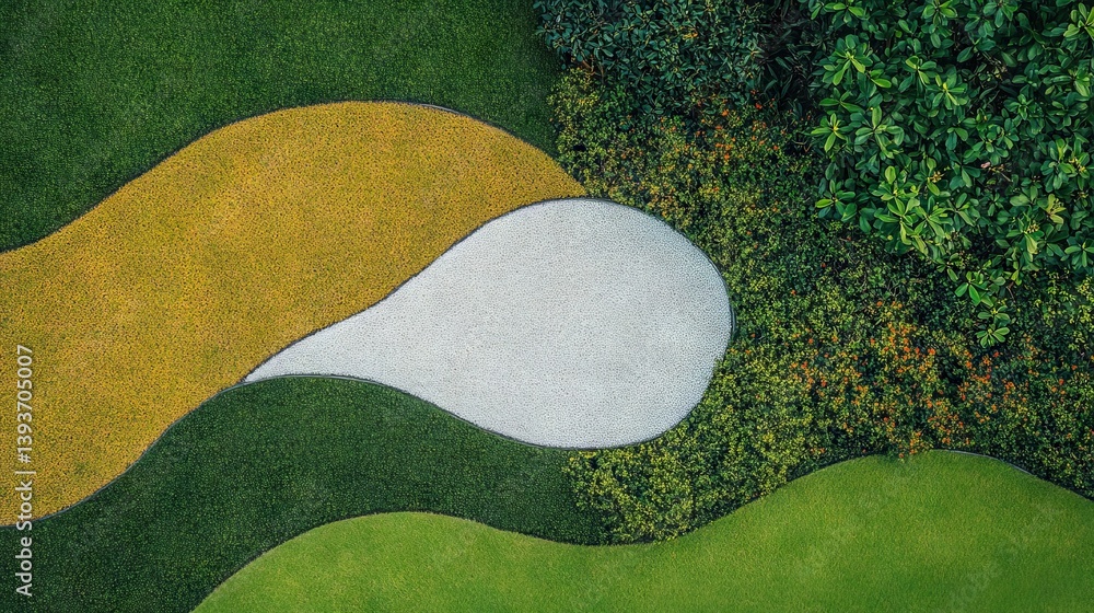 Abstract garden. Wave-shaped sections with green grass, yellow soil, & white sand, bordered by plants and bushes Abstract garden. Wave-shaped sections with green grass, yellow soil, & white sand, bordered by plants and bushes