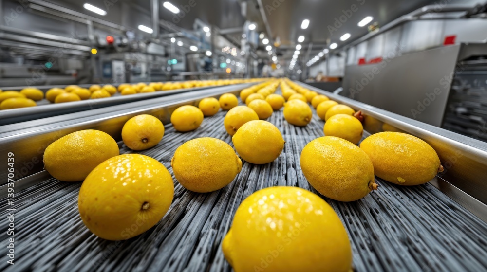 Freshly harvested lemons roll along a conveyor belt in a large processing facility, highlighting the efficiency of modern agriculture and the vibrancy of citrus during the peak of harvest season.