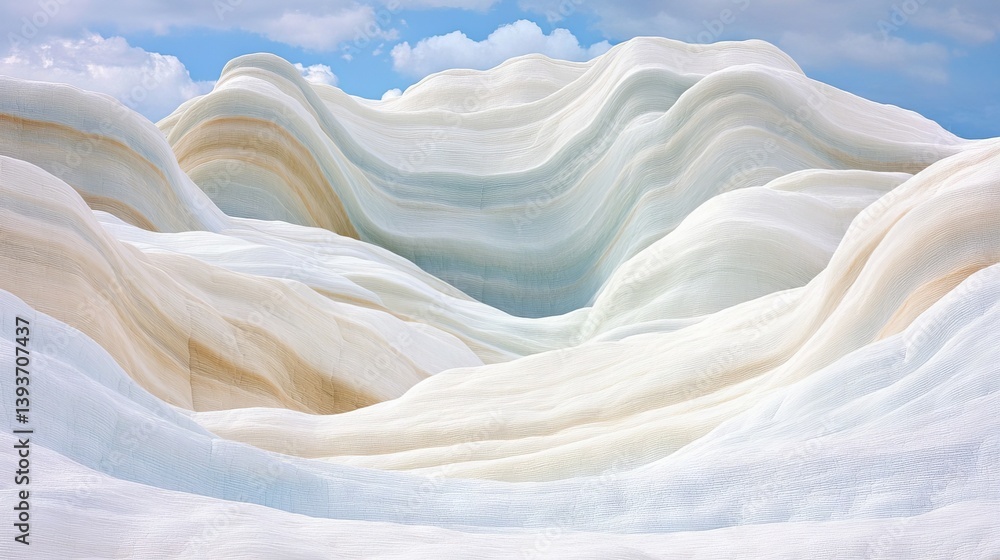 Obraz premium Abstract layered terrain. Soft, undulating white, tan, and blue hills under a partly cloudy sky