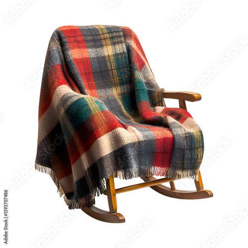 A Cozy Plaid Blanket Wrapped Around a Rocking Chair Isolated on Transparent Background