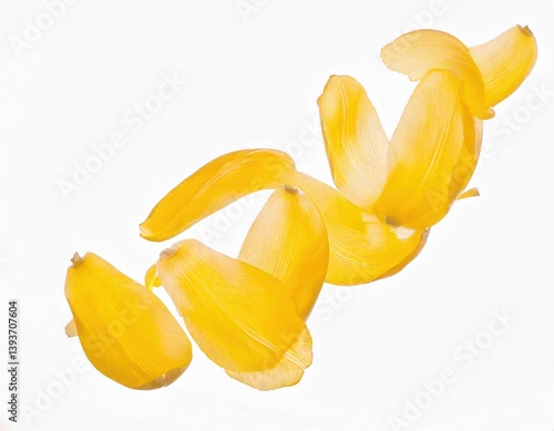 Yellow tulip petals fly in a semicircle, on an isolated white background 