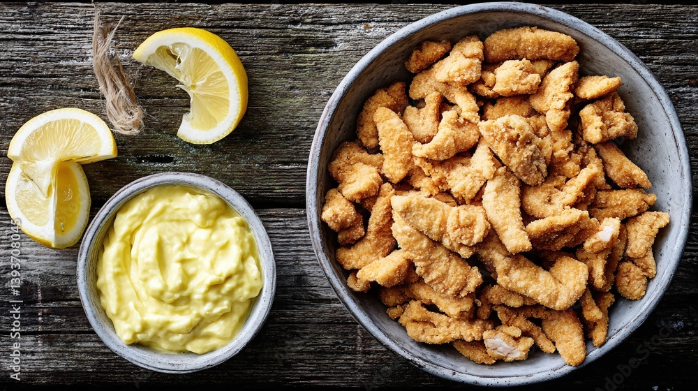 Crispy strips, lemon, sauce on wood. Bowl of crispy strips, sauce, and sliced lemons. Wooden table background. Flat-lay arrangement Crispy strips, lemon, sauce on wood. Bowl of crispy strips, sauce, and sliced lemons. Wooden table background. Flat-lay arrangement