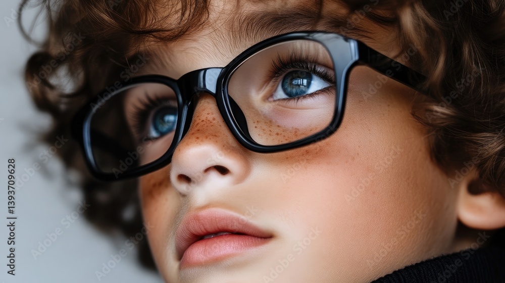 Fototapeta premium Close-up of a boy wearing eyeglasses. Intrigued expression, curly hair, and bright eyes