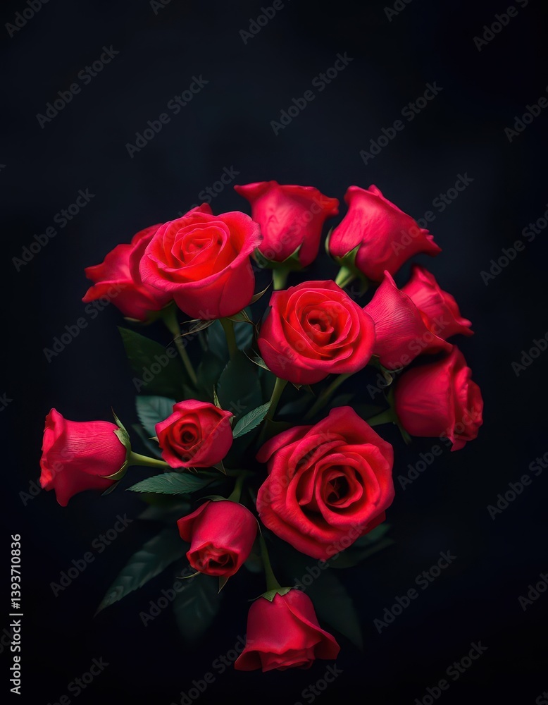 A dark, moody backdrop features a vibrant bouquet of red roses, offering ample negative space, sophisticated, monochrome, floral A dark, moody backdrop features a vibrant bouquet of red roses, offering ample negative space, sophisticated, monochrome, floral