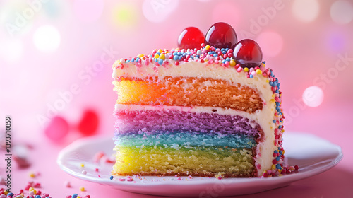 un postre de pastel colorido arco iris pastel para celebraciones o fiesta de cumpleaños con crema batida y chispas de colores