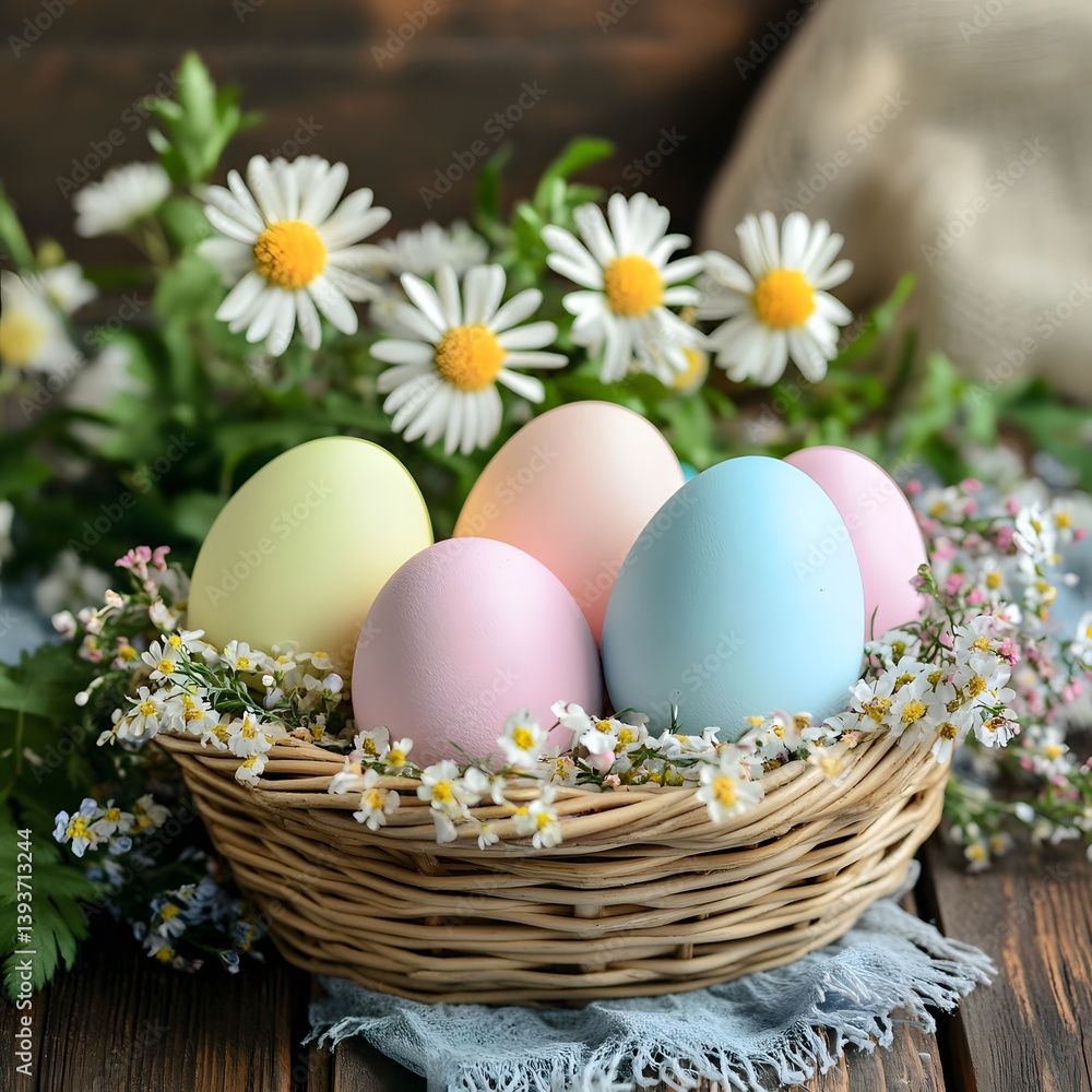 Fototapeta premium Basket of Easter eggs with daisies