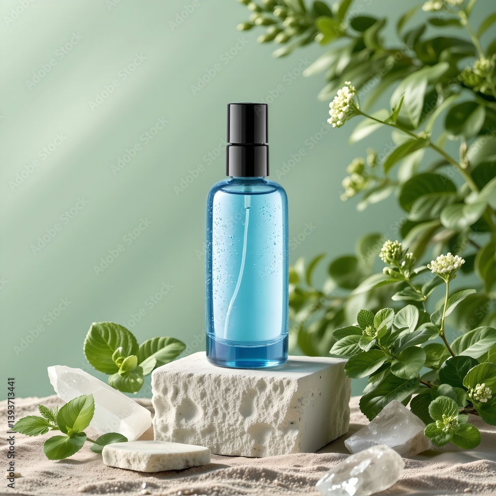 A bottle of blue essential oil resting on a block of ice surrounded by greenery. The setting gives an impression of relaxation and refreshment, possibly in a spa environment A bottle of blue essential oil resting on a block of ice surrounded by greenery. The setting gives an impression of relaxation and refreshment, possibly in a spa environment