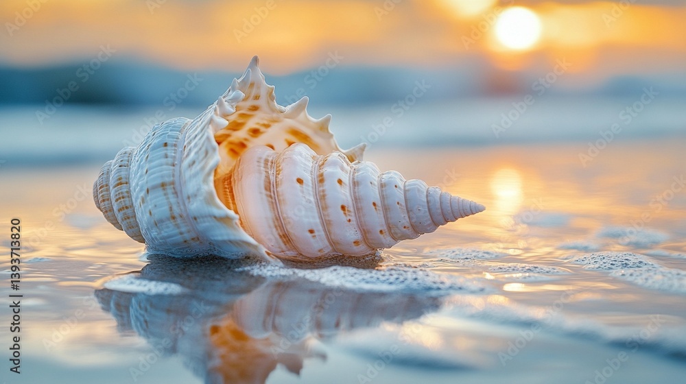 Seashell on sandy beach at sunset, reflecting in wet sand. Seashell on sandy beach at sunset, reflecting in wet sand.