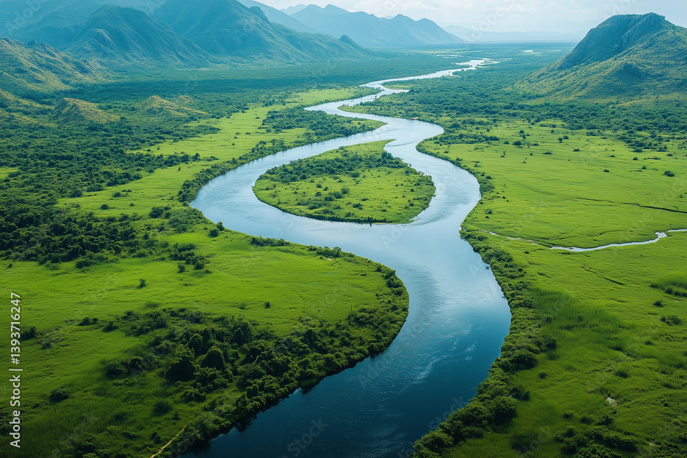 Aerial view of winding river through lush green landscape Aerial view of winding river through lush green landscape
