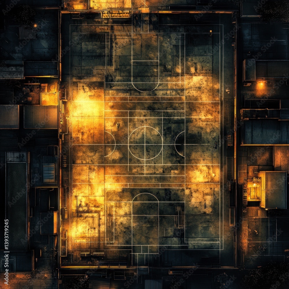 Aerial View of Urban Basketball Court at Night with Dramatic Lighting Aerial View of Urban Basketball Court at Night with Dramatic Lighting