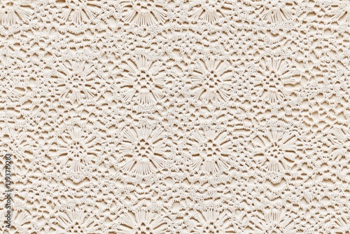 Seamless intricate white crochet Brussels lace pattern with floral motifs.