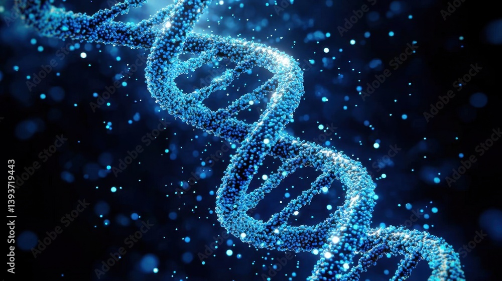 Futuristic background concept with glowing DNA helix and sci-fi theme. DNA strand illuminated in sparkling blue against a dark background Futuristic background concept with glowing DNA helix and sci-fi theme. DNA strand illuminated in sparkling blue against a dark background