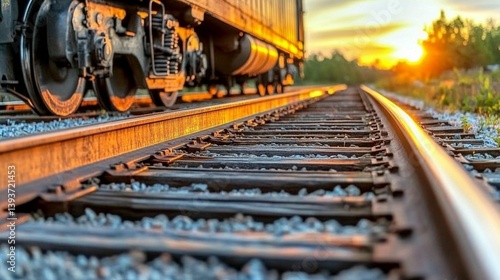 Sunset view of railroad tracks with train in background.
