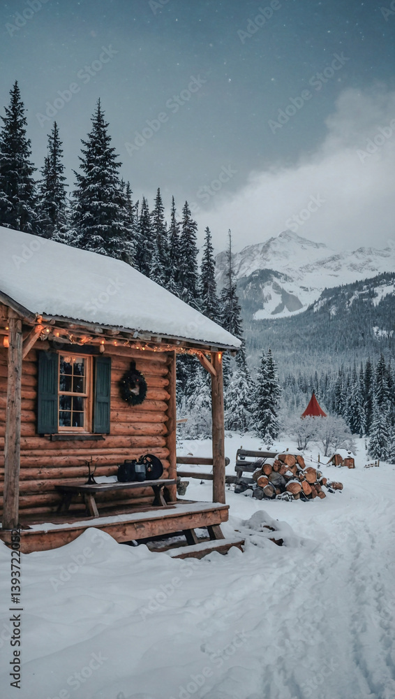 Snowy landscape with a cozy cabin and a festive sign. Snowy landscape with a cozy cabin and a festive sign.