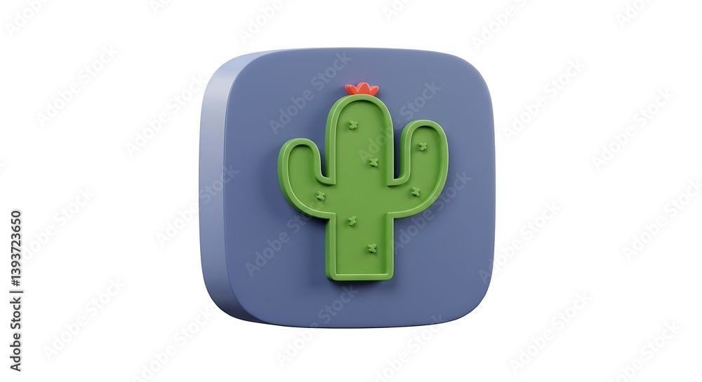 Obraz premium Green Cactus on Blue Square 3d Illustration Desert Plant Icon