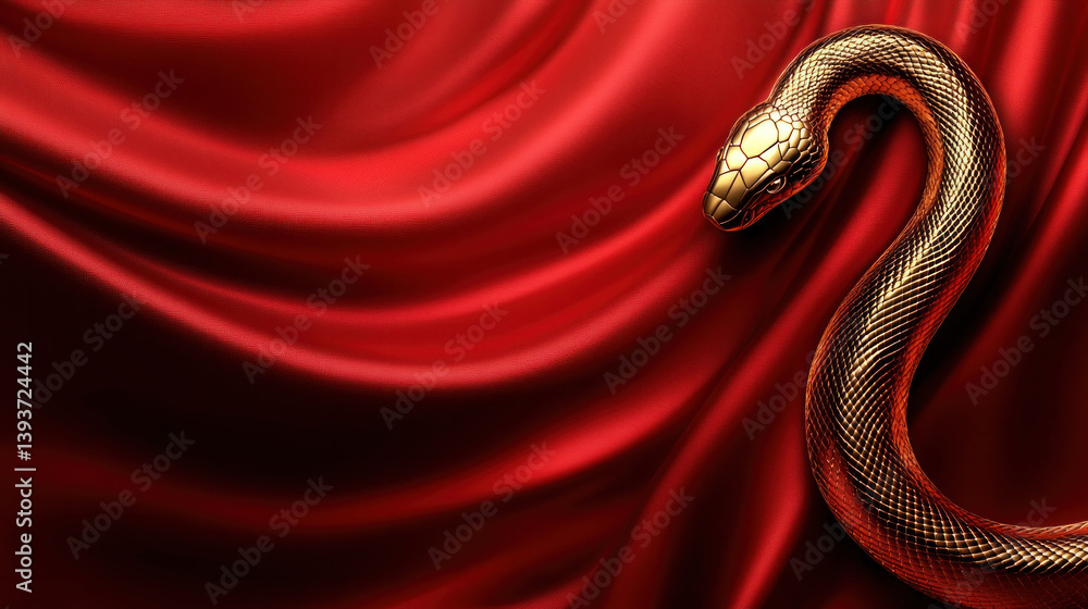 Obraz premium A gold colored snake is curled up on a red cloth. The snake is curled up in a way that it looks like it is sleeping. The red cloth is draped over the snake, making it look like it is resting on a bed
