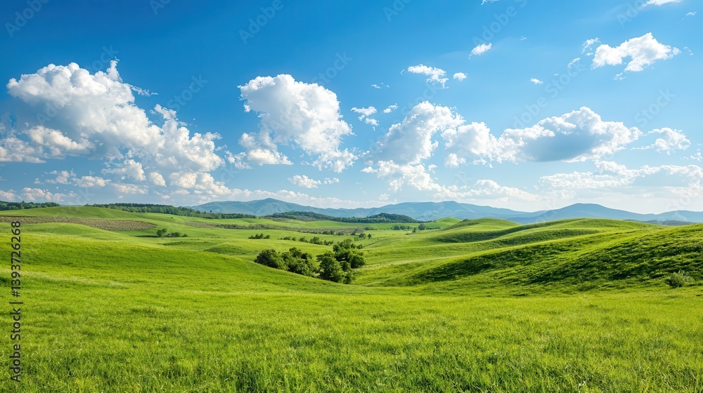Obraz premium Clear blue sky with fluffy white clouds over rolling green hills, peaceful countryside under bright sunlight