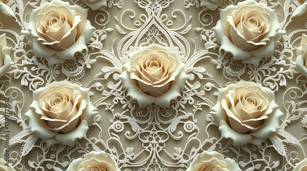 Elegant seamless pattern featuring ivory roses and intricate lace floral design, perfect for romantic, vintage, or luxury-themed backgrounds and textile decoration. Elegant seamless pattern featuring ivory roses and intricate lace floral design, perfect for romantic, vintage, or luxury-themed backgrounds and textile decoration.