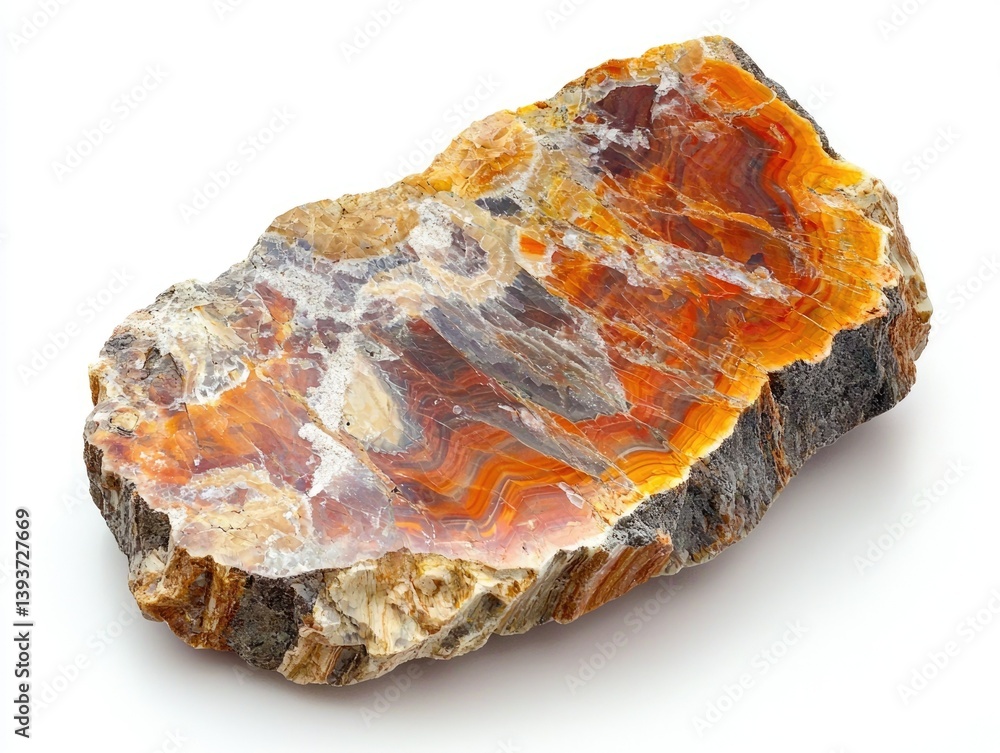 A polished slab of vibrant orange and white banded agate, showcasing intricate natural patterns and textures. A polished slab of vibrant orange and white banded agate, showcasing intricate natural patterns and textures.