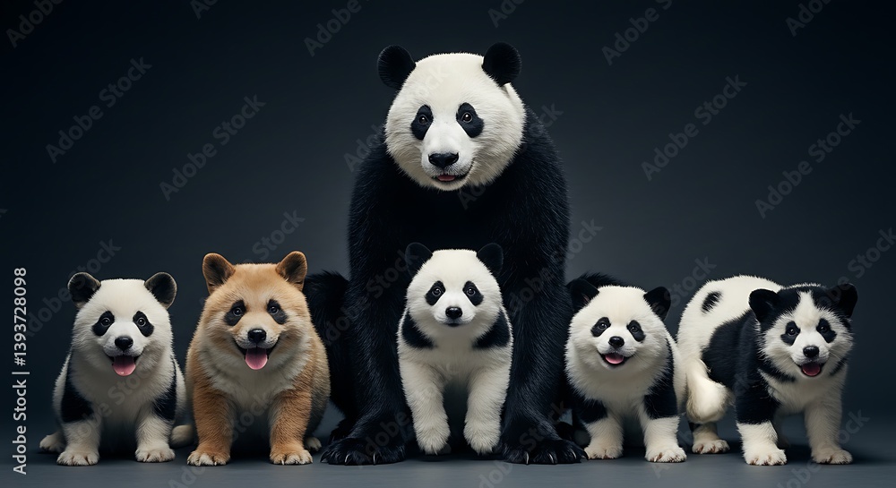 Group of Pandas and Shiba Inu Puppy Sitting Together in Studio Group of Pandas and Shiba Inu Puppy Sitting Together in Studio