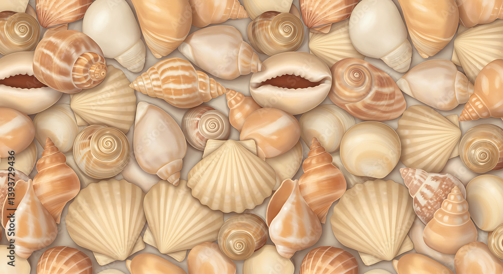 Seashells collection in beige tones on a textured background Seashells collection in beige tones on a textured background