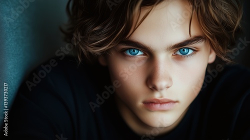 Wallpaper Mural Boy with piercing blue eyes, soft light, minimal backdrop, conveying quiet introspection. Torontodigital.ca