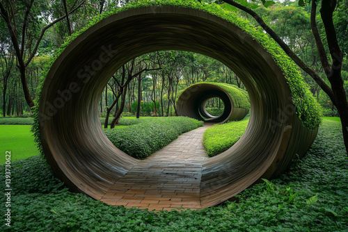 Circular garden pathway framed by greenery and unique design