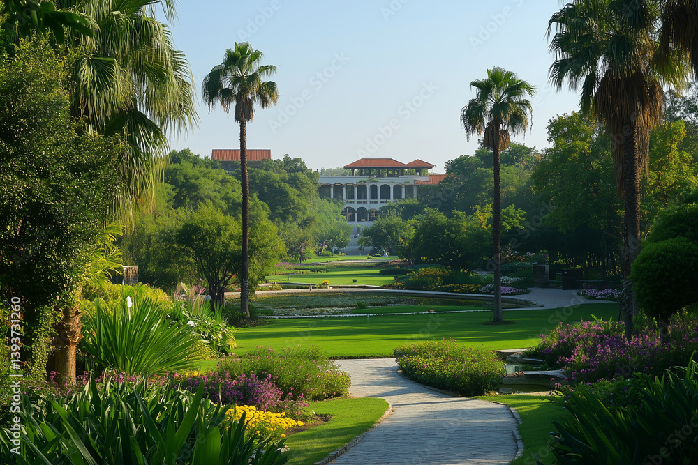 Fototapeta premium Pathway through a beautifully landscaped garden leading to a grand building