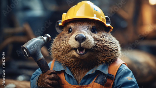 Obraz na płótnie A beaver, dressed in work clothes and a hard hat, holds a hammer, ready for a day of construction.Beavers in work attire, showcasing their industrious nature. w salonie
