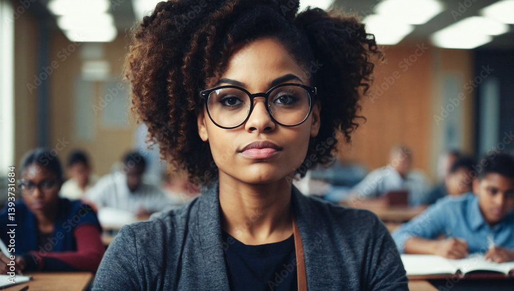 A focused African American female teacher stands before her attentive students.Classroom atmosphere- a teacher's presence commands respect and attention.