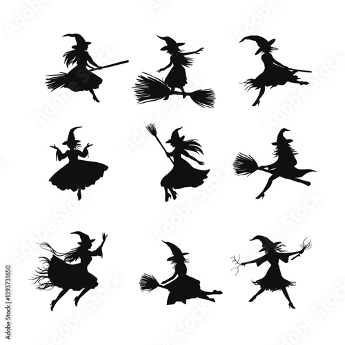 Group of Witches in Various Flying and Spell Poses