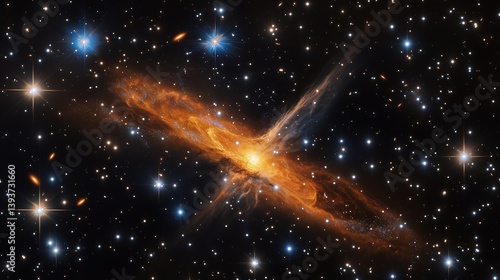 Distant blazar radiating intense light, surrounded by cosmic dust, a mysterious early universe phenomenon.