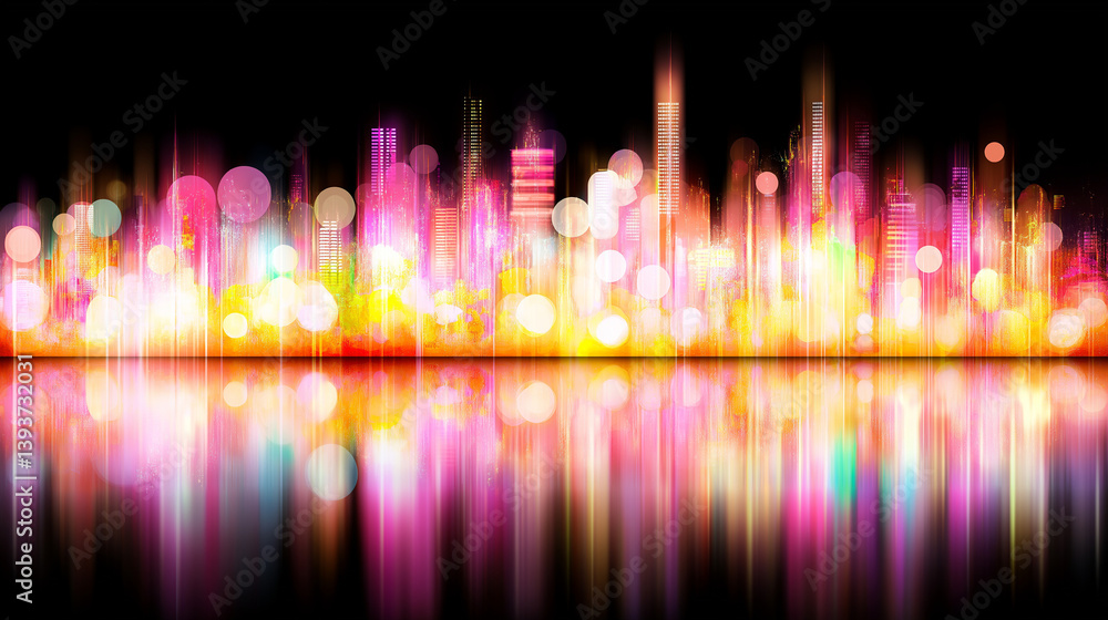 Obraz premium City Lights Symphony: A vibrant cityscape shimmers in a dazzling display of color and light, creating an abstract and mesmerizing spectacle across the night sky.