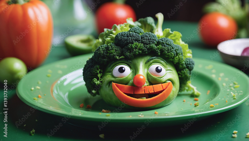 A vibrant veggie face, crafted from broccoli, lettuce, and a cheerful orange carrot nose.Broccoli head, lettuce hair, and a joyful carrot smile. A healthy and fun meal.