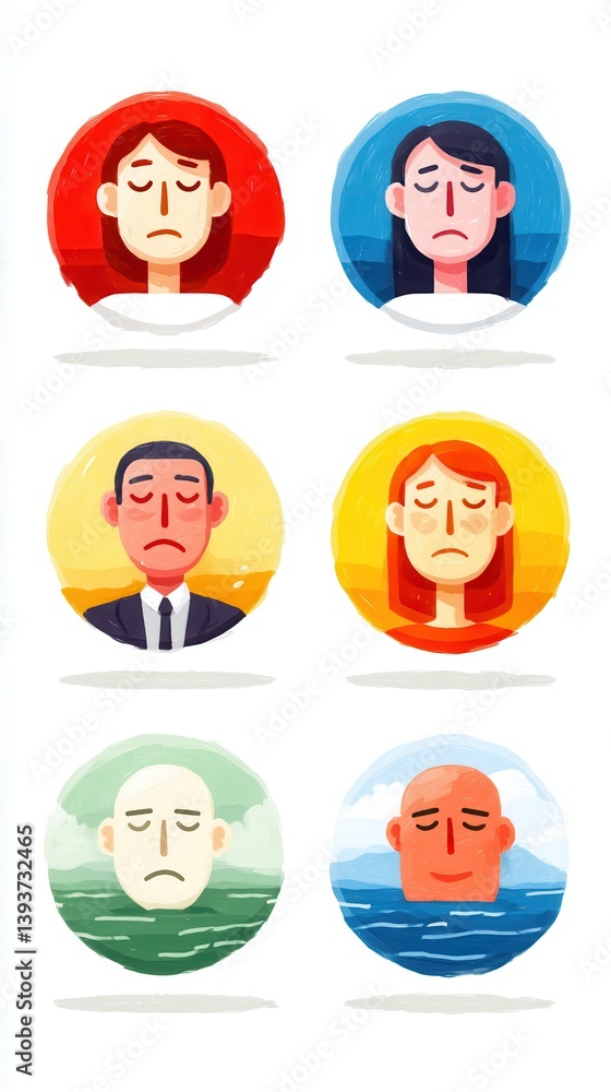 A collection of illustrated faces expressing sadness, featuring diverse characters in circular frames with varying backgrounds. A collection of illustrated faces expressing sadness, featuring diverse characters in circular frames with varying backgrounds.