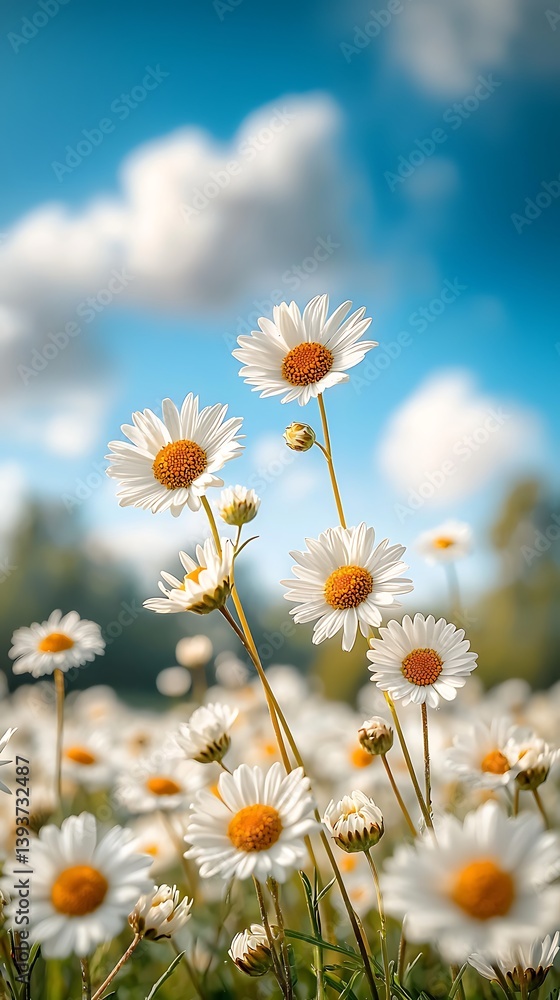 Fototapeta premium Daisies in a field under a vibrant sky
