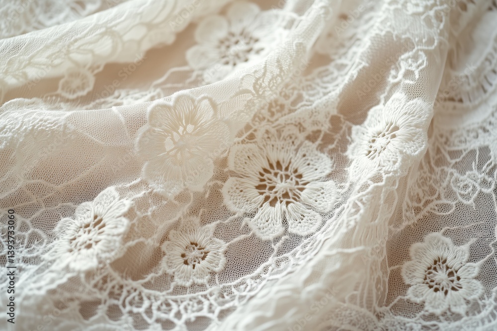 Delicate white Irish lace fabric with floral patterns. Delicate white Irish lace fabric with floral patterns.