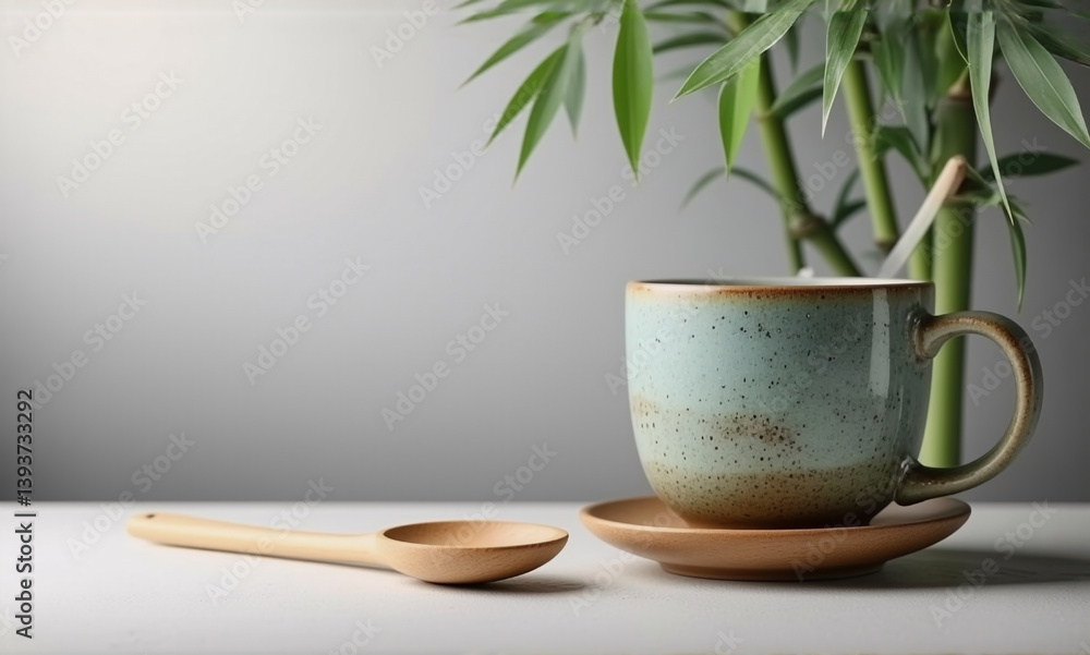 A calming setup shows a ceramic cup and saucer with a wooden spoon. Bamboo leaves subtly enhance the background, creating a tranquil and peaceful atmosphere. A calming setup shows a ceramic cup and saucer with a wooden spoon. Bamboo leaves subtly enhance the background, creating a tranquil and peaceful atmosphere.