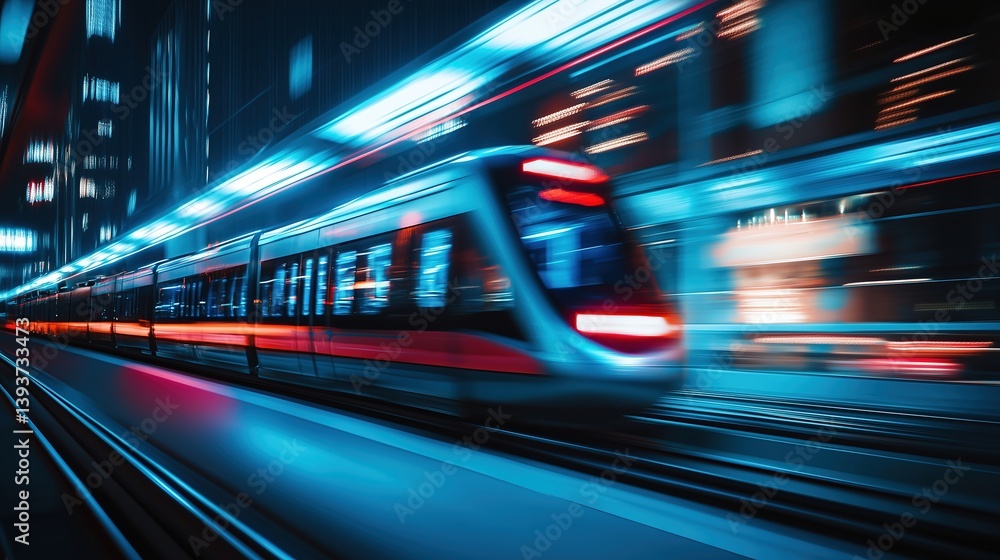 Fototapeta premium Sleek monorail glides through a futuristic cityscape, embodying advanced urban mobility and innovation.