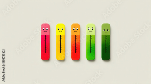 Colorful thermometer-like indicators showing various emotions, from happy to sad, representing different states of mind.