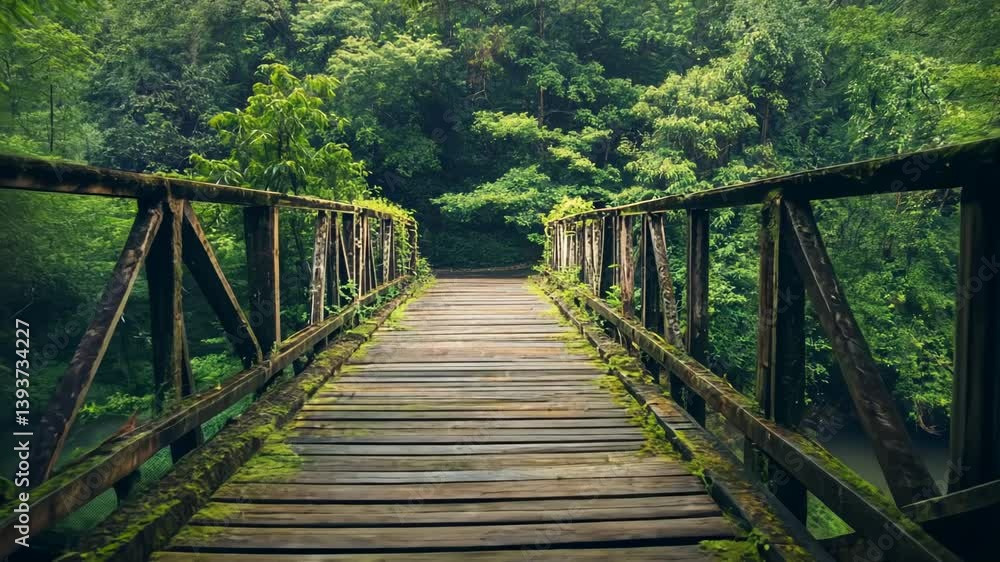 Mossy wooden bridge in lush green jungle Mossy wooden bridge in lush green jungle
