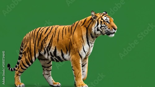 tiger walking on green screen background, generative ai