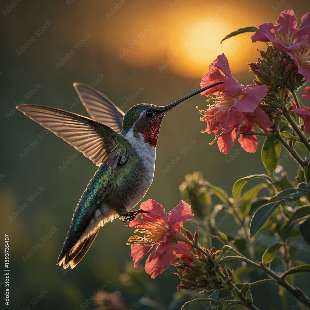Fototapeta premium Photograph a hummingbird feeding at sunrise