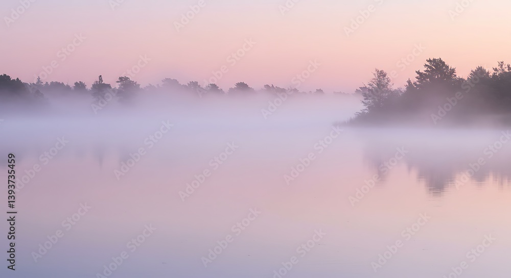 Fototapeta premium Misty Dawn over Serene Lake and Trees
