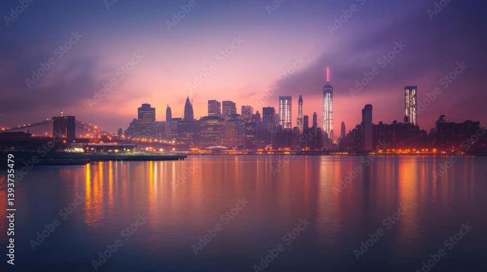 Fototapeta premium Blurred New York City skyline at sunrise/sunset over water