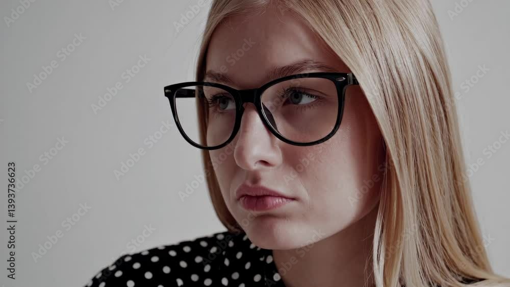 Pensive young woman in polka dot attire displays contemplative expression and subtle movement Pensive young woman in polka dot attire displays contemplative expression and subtle movement